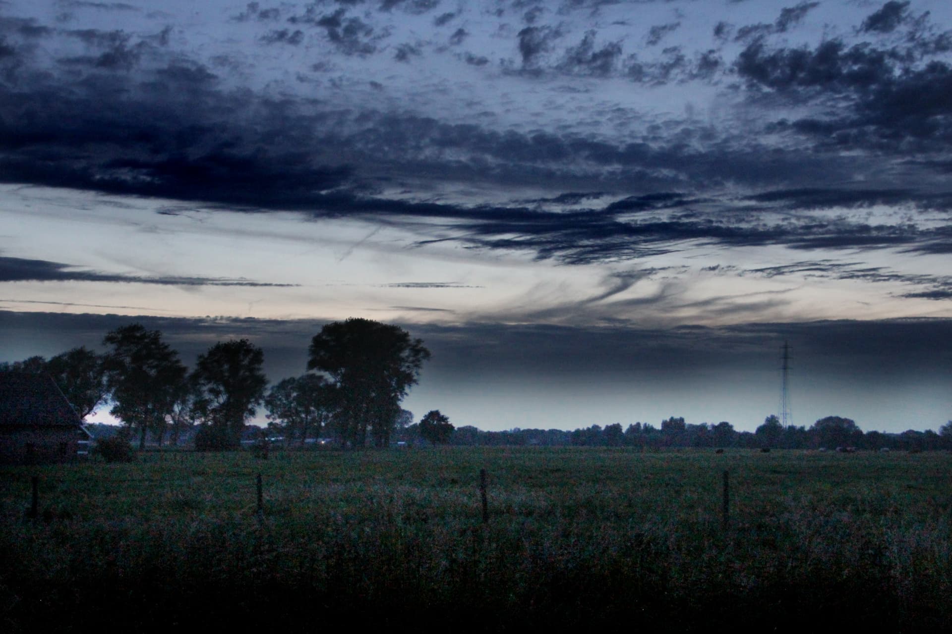 De avondschemering boven het open veld, met de silhouetten van bomen